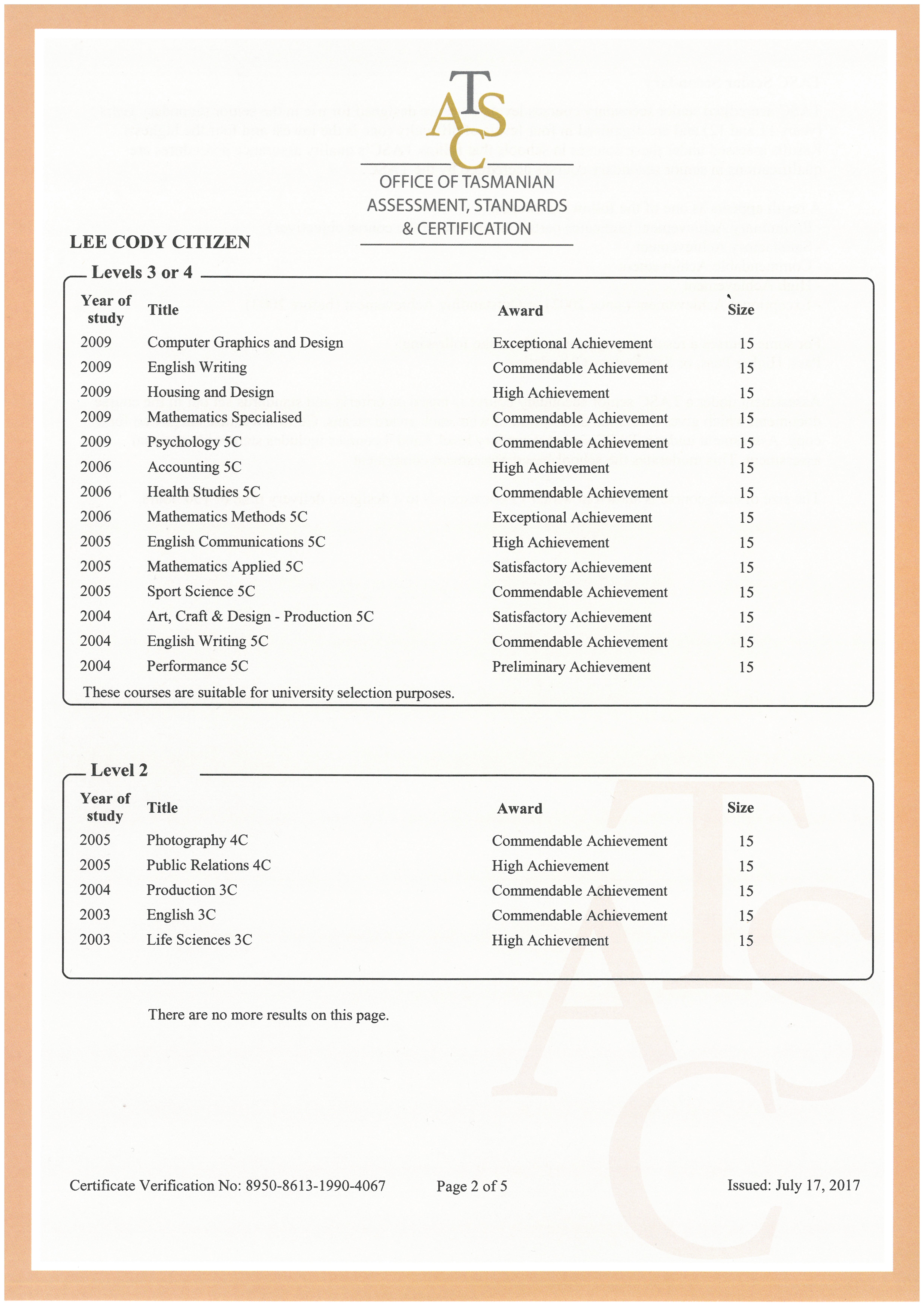 tasmanian qualifications certificate tasc certificate example