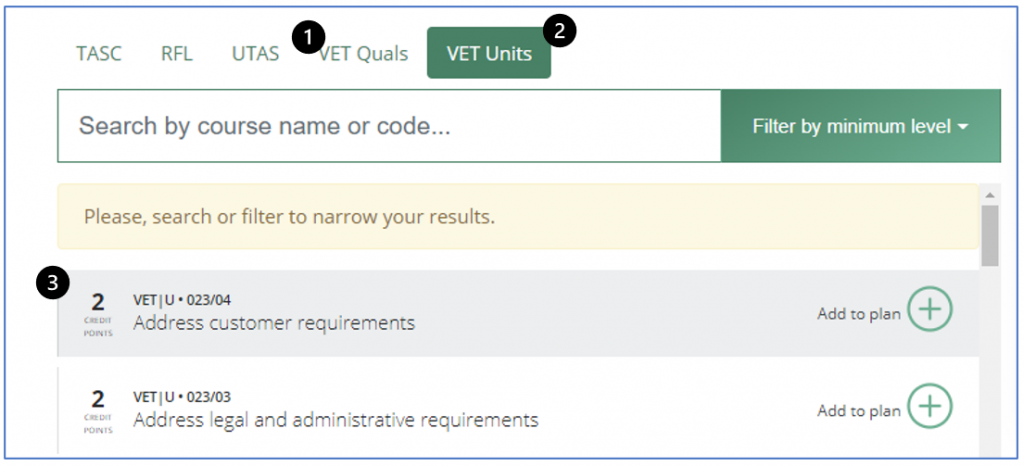 A screenshot of the TCE Course Planner tool with VET Qualifications, VET Units, and number of credit points for each unit labelled.