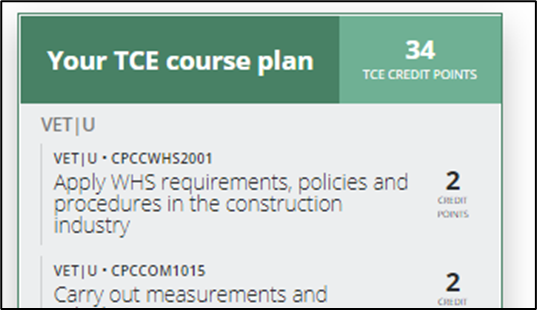 A screenshot of a completed course plan for the student doing Certificate 1 in Construction.