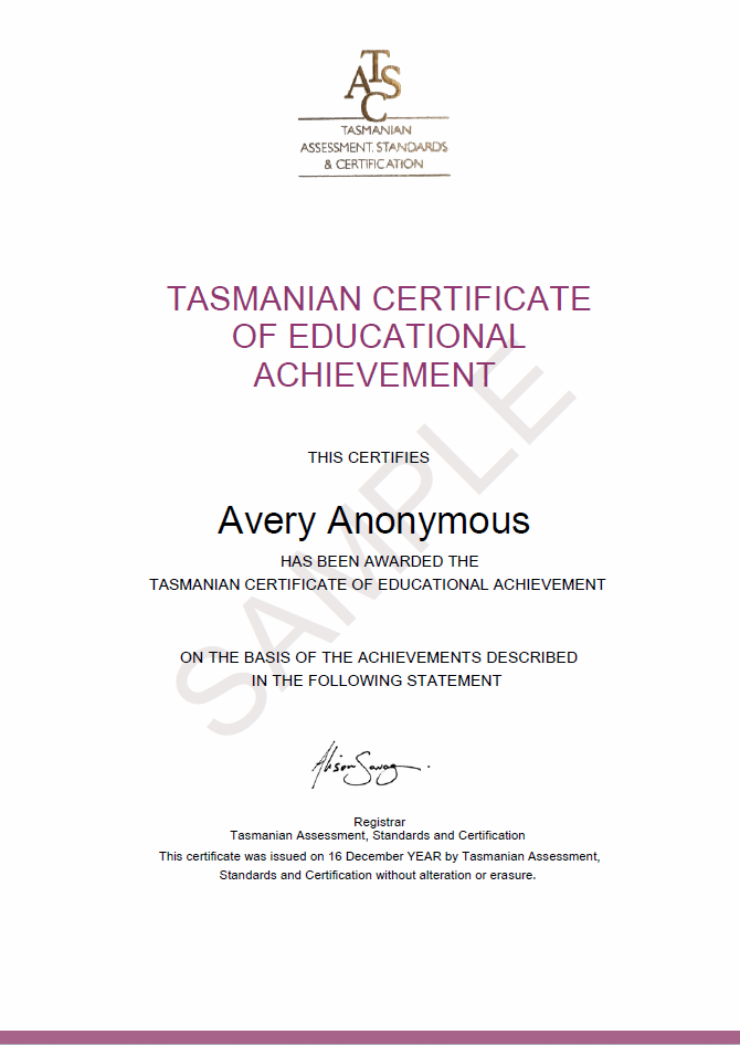 The first page of a sample Tasmanian Certificate of Educational Achievement (TCEA) certificate. The certificate is for a student named 'Avery Anonymous'.