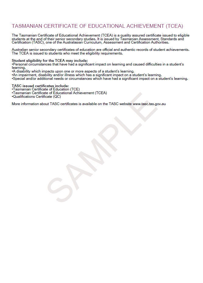The second page of a sample Tasmanian Certificate of Educational Achievement (TCEA) certificate. The certificate is for a student named 'Avery Anonymous'.
